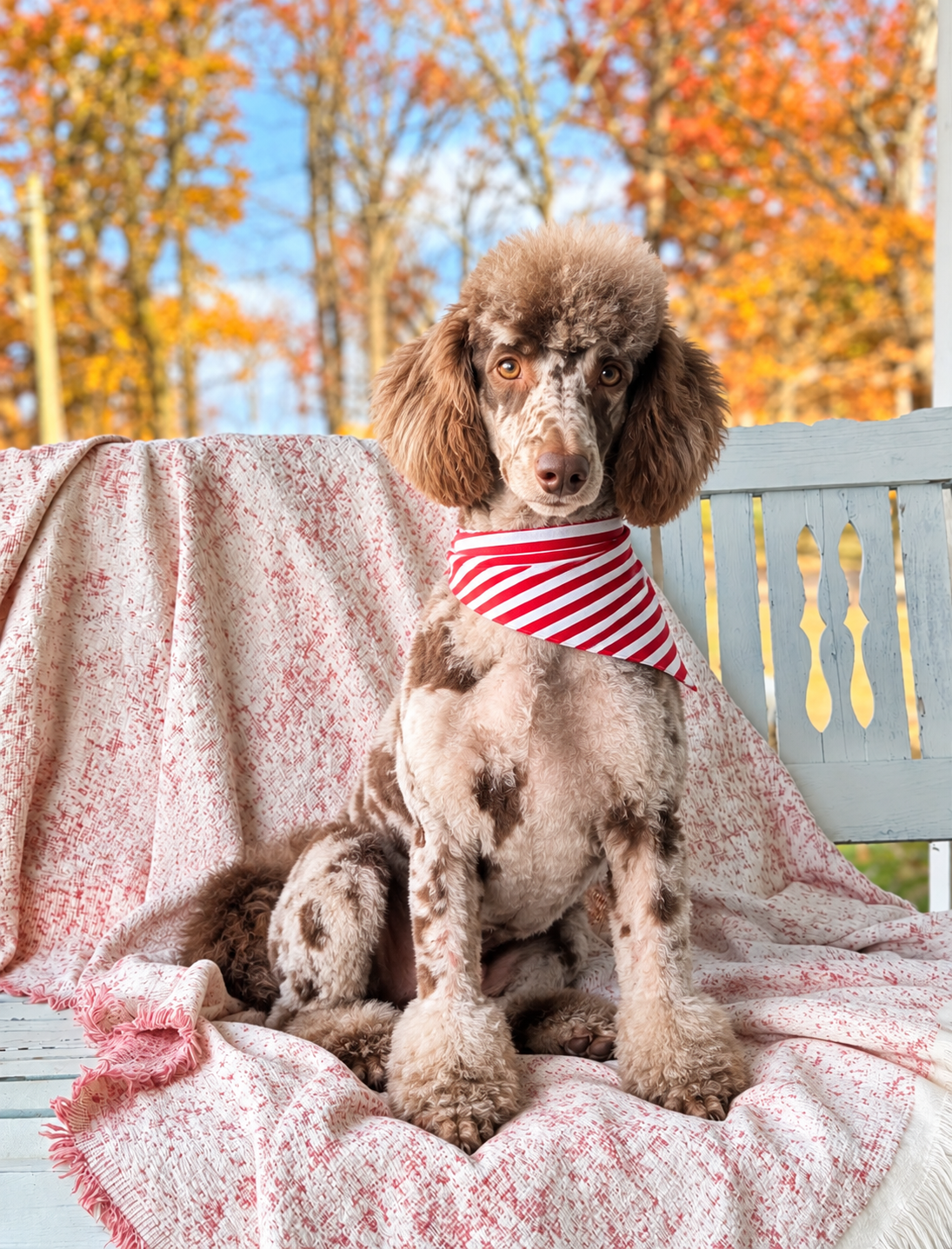 Hazel, our chocolate merle miniature poodle, pictured on an autumn porch