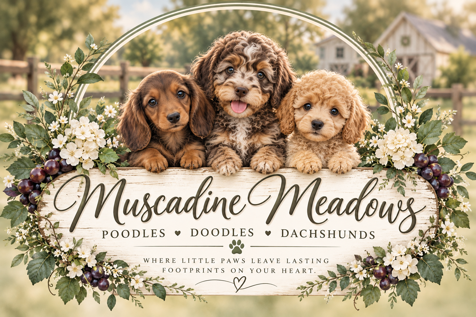 Muscadine Meadows logo featuring a dachshund, chocolate merle puppy, and poodle surrounded by flowers